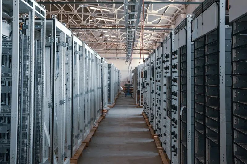 Kayseri OSB'deki bir elektrik panosu üretim tesisinde, iki yanında montajı süren pano gövdeleri dizili uzun koridor