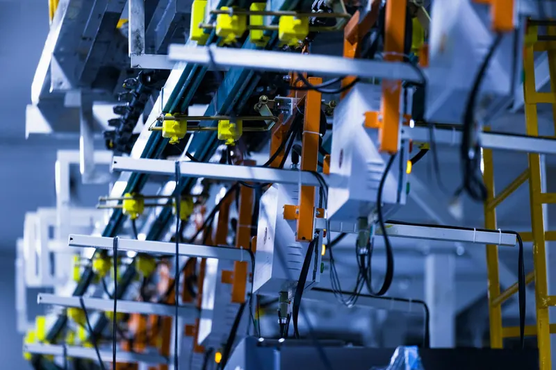 Bir buzdolabı fabrikasında soğutma performansını test eden otomatik hattın yakın görünümü; raylarda sarı bağlantı uçları, turuncu taşıyıcılar ve kablolar