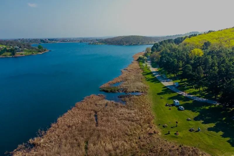 Sakarya'nın Adapazarı ilçesindeki Poyrazlar Gölü ve ormanlık kıyısının havadan görünümü