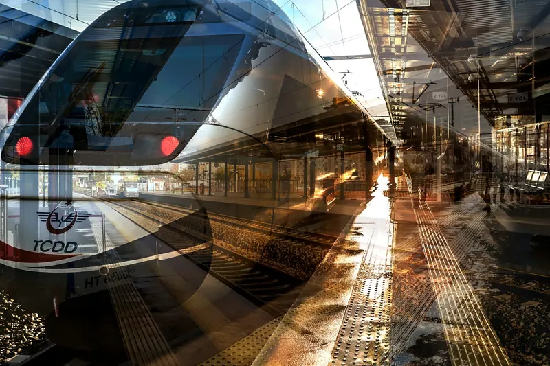 Pendik tren istasyonunda peronda bekleyen yolcular ve TCDD logolu tren; çoklu pozlamayla birleştirilmiş fotoğraf