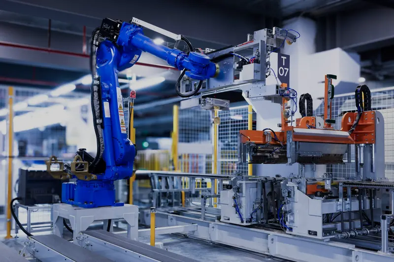 Bir beyaz eşya üretim hattında kalıplanmış buzdolabı dış panelini taşıyan mavi endüstriyel robot kol ve çevresindeki otomasyon makineleri