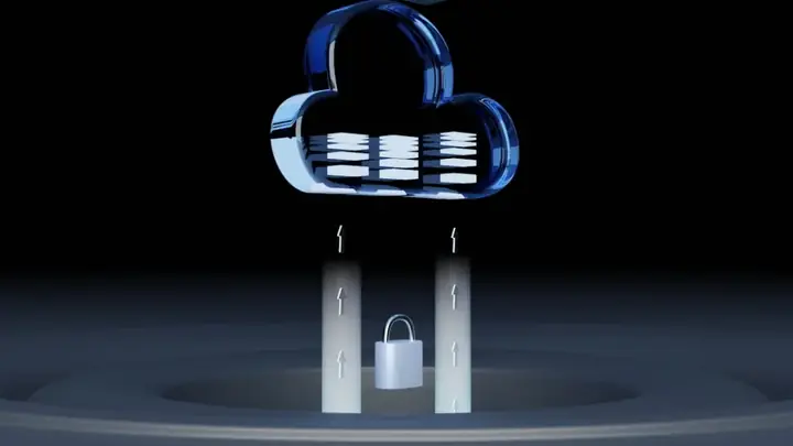 Glass cloud holding data blocks above two upward-arrow light beams and a padlock – cloud computing