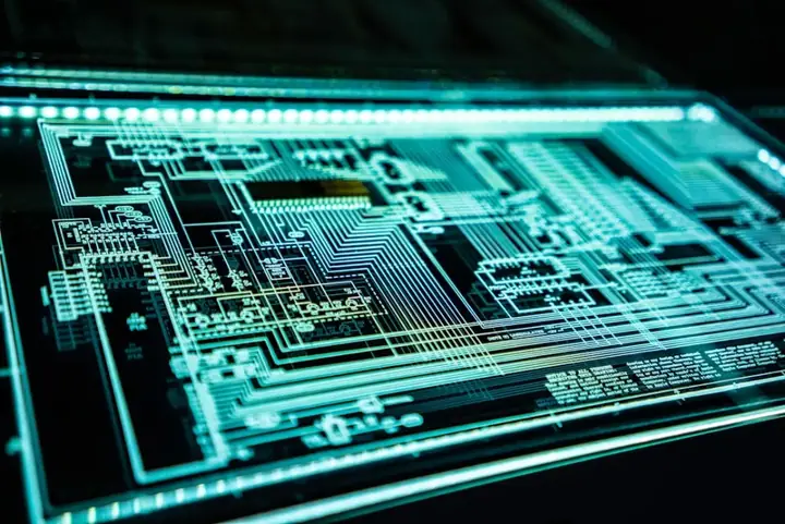 Circuit schematic on a glass panel glowing teal in the dark – network and cyber security