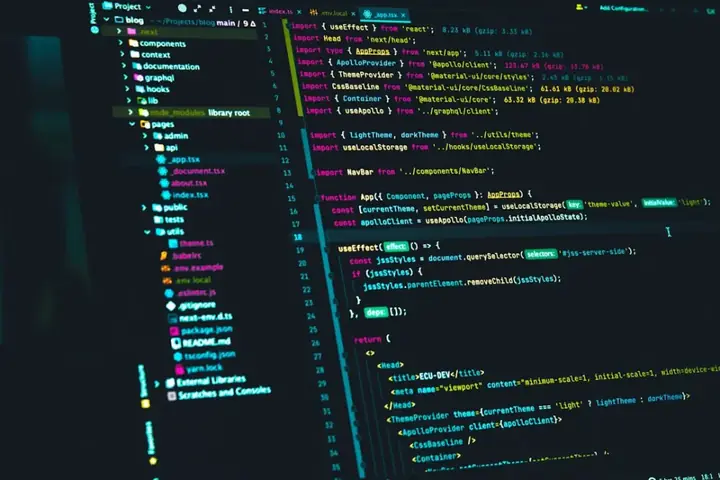 Dark-themed code editor showing React code next to a project file tree – software development